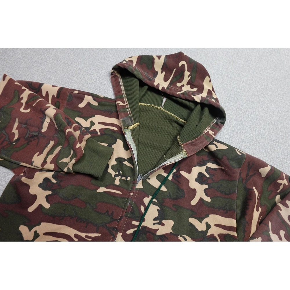 Vintage Camo Thermal Hoodie Mens Medium Green Full Zip Sweatshirt YKK Zipper